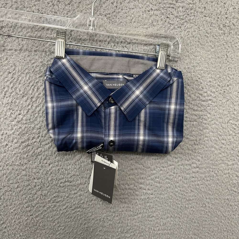 Van Heusen Shirt Mens Extra Large Slim Fit Blue Gray Plaid Never Tuck Dress‎